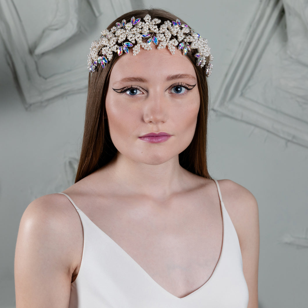 Pearl Flower and Iridescent Crystal Hair Band
